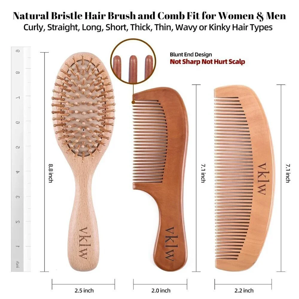 Wooden Hair Brush and Comb, One-piece Design, Reduce Frizz and Static, Massage S